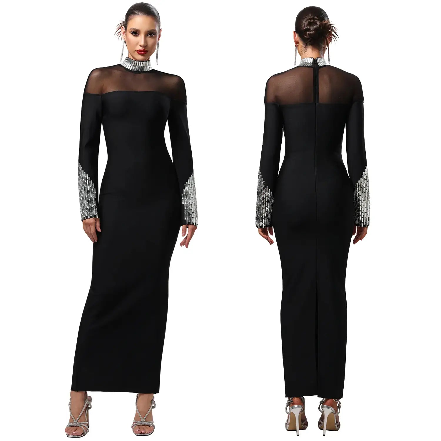 Elegant high neck long sleeve fitted sequined dress for women