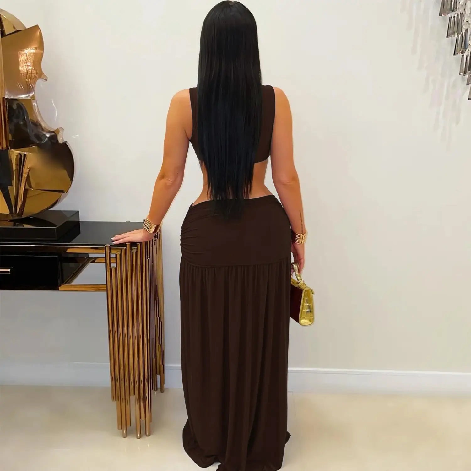 Fashion women’s sexy solid color sleeveless crop open fork dress