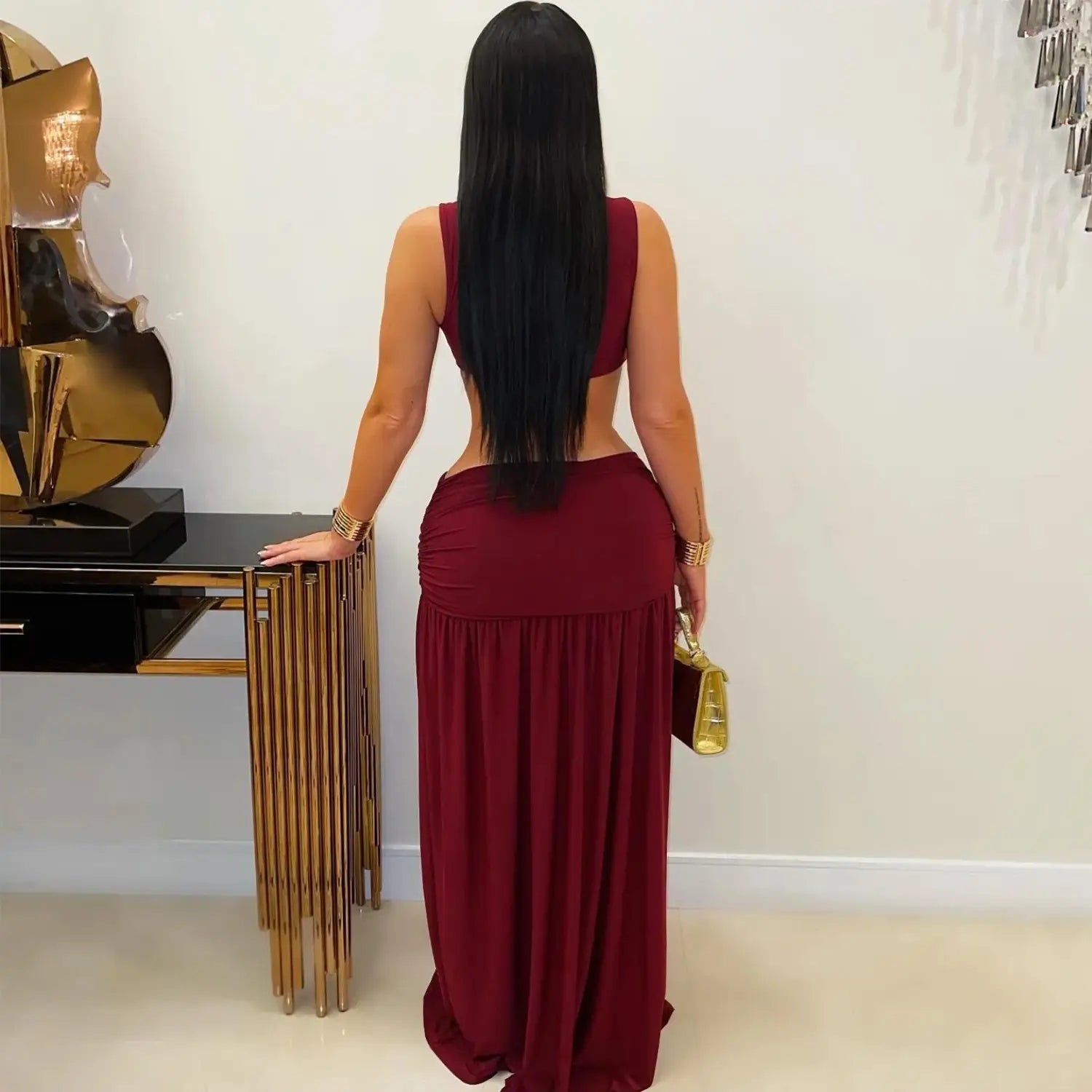 Fashion women’s sexy solid color sleeveless crop open fork dress