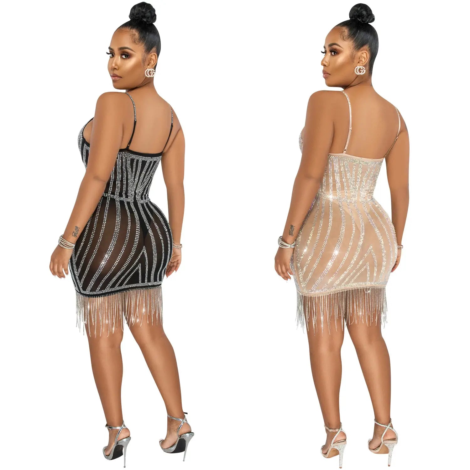 Sexy embellished strapless sleeveless crop top dress with fringe details