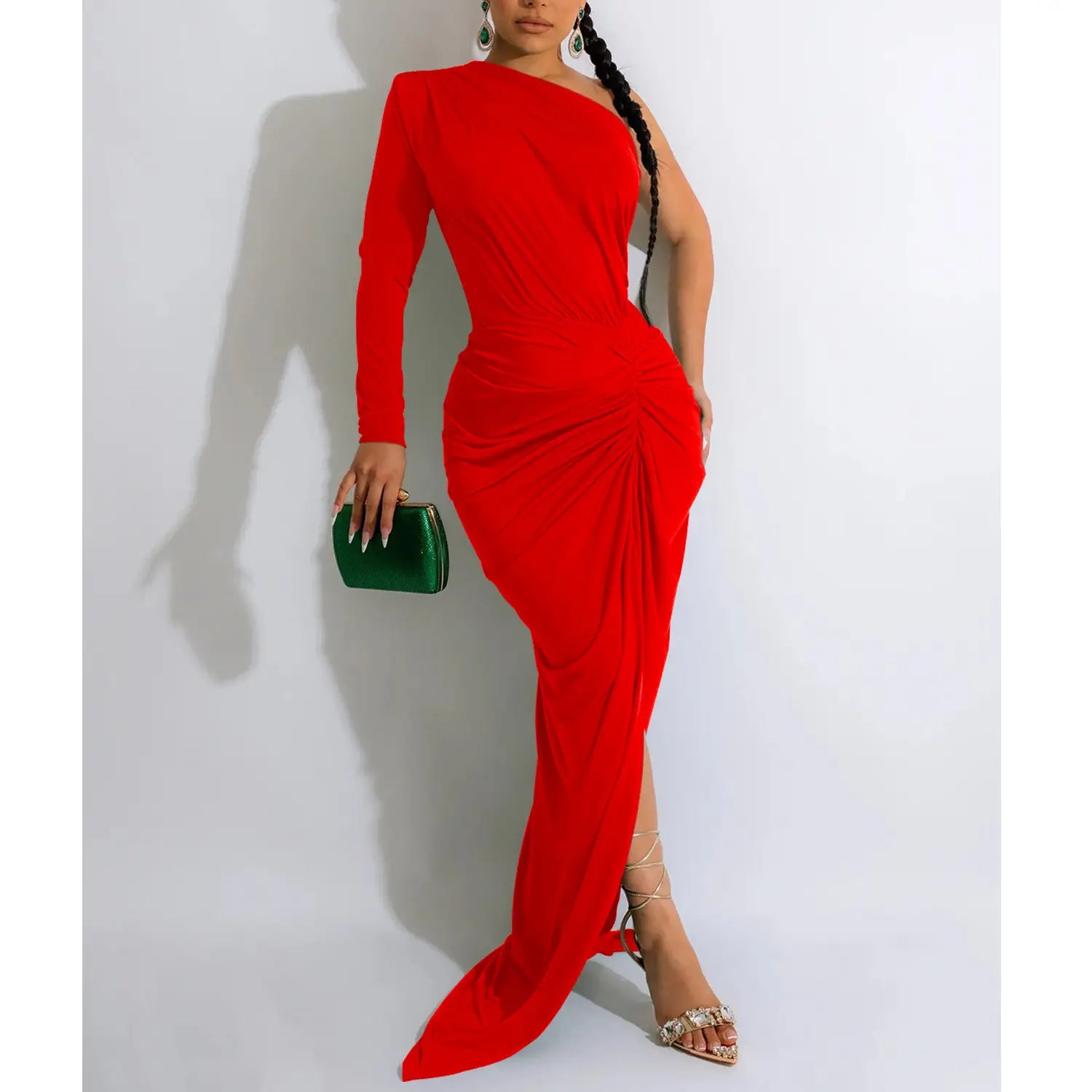 Fashion women’s solid color asymmetrical neck single long sleeve long dress with pleats