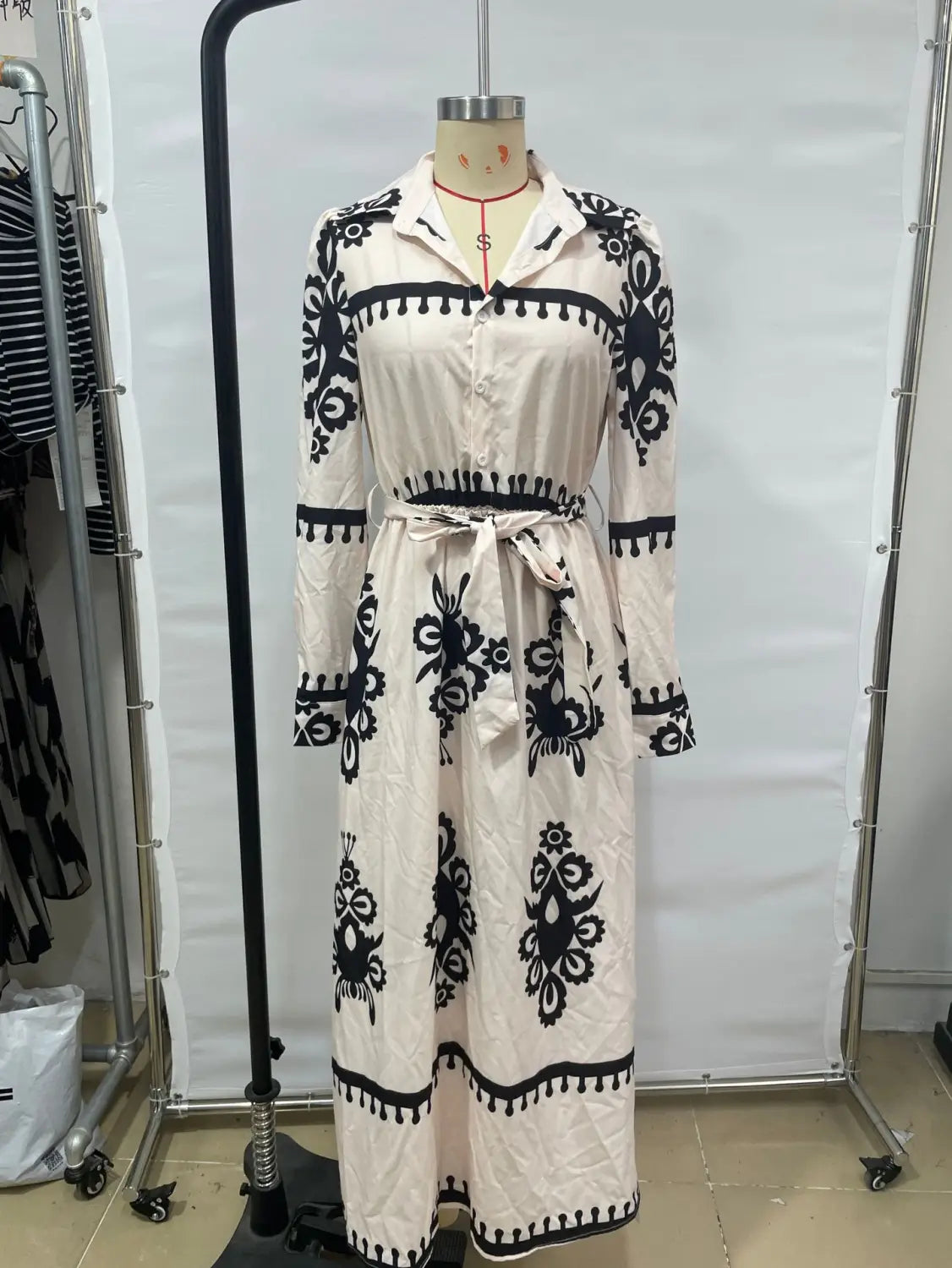 Style printed tie-up long dress with a-line silhouette