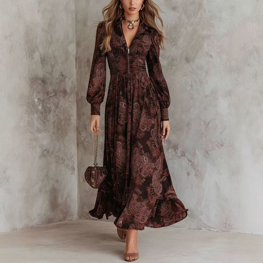 Style Vintage Print Long Sleeve V-Neck Fitted Bubble Sleeve Maxi Dress