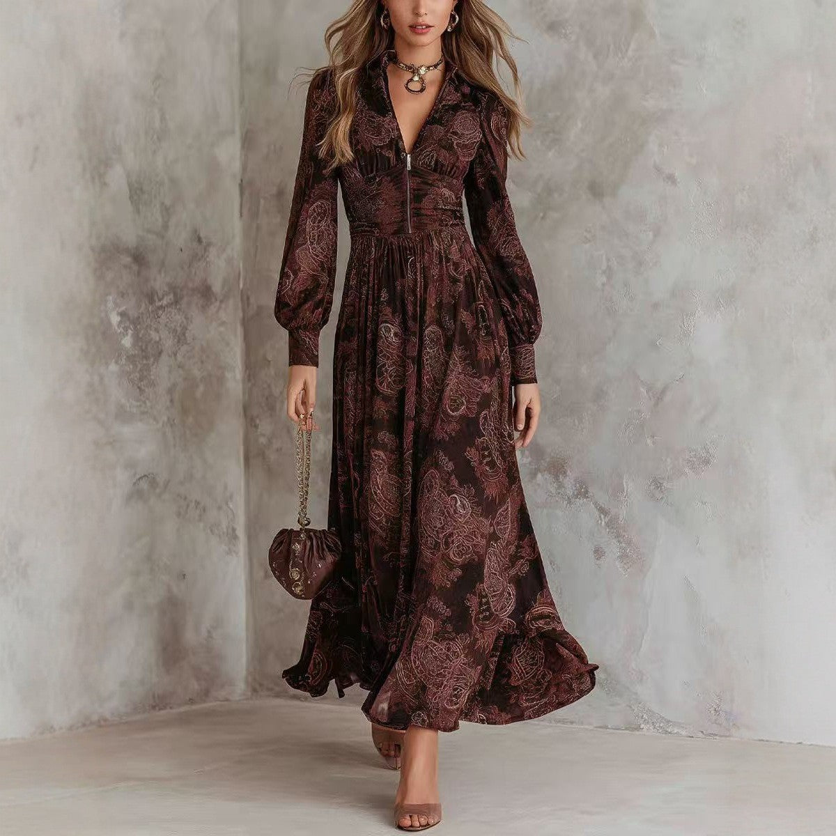 Style Vintage Print Long Sleeve V-Neck Fitted Bubble Sleeve Maxi Dress