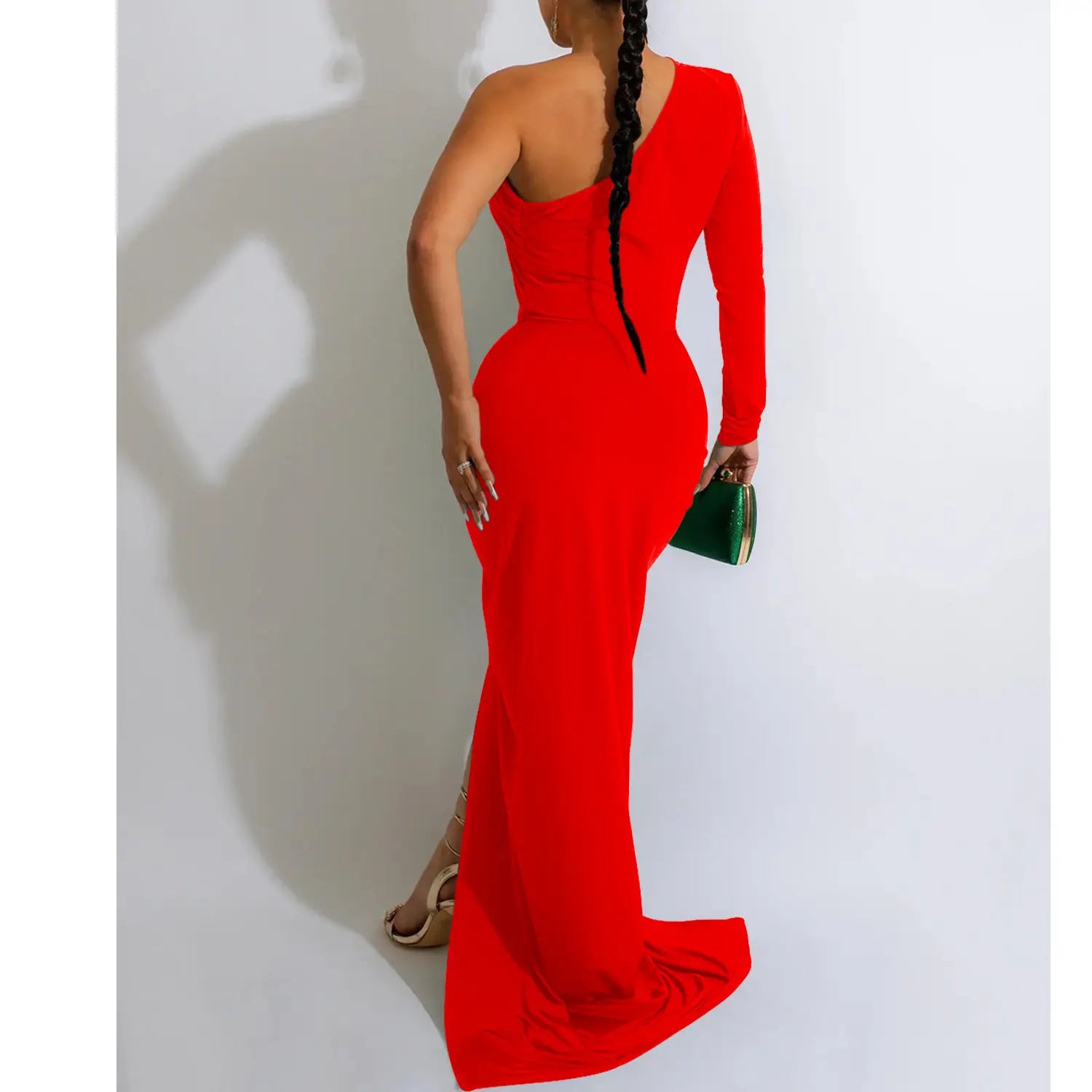 Fashion women’s solid color asymmetrical neck single long sleeve long dress with pleats