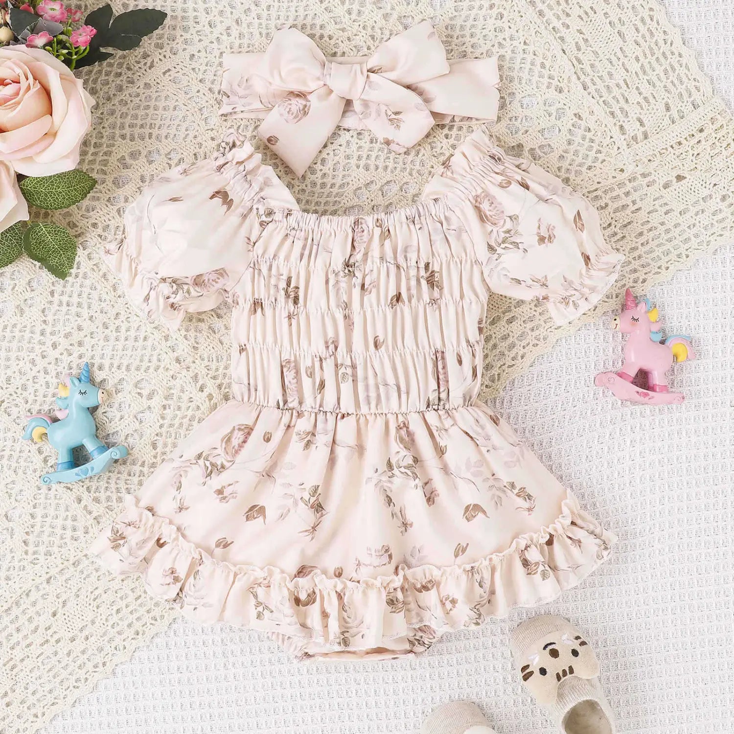Baby and toddler two color floral skirt hem jumpsuit