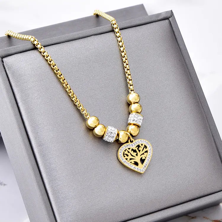 European and american style titanium steel heart tree of life rhinestone necklace for women simple love charm jewelry