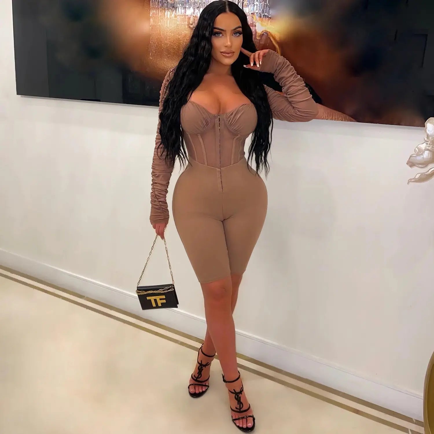 Fashion women’s solid color long sleeve short pants mesh sheer jumpsuit
