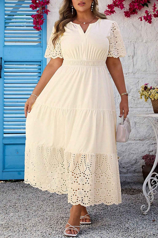 Apricot Plus Size V Neck Lacy Embroidery Patchwork Short Sleeve Maxi Dress