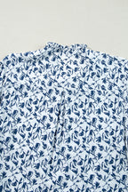 Blue Floral Print Lace Detail Puff Sleeve Shirt