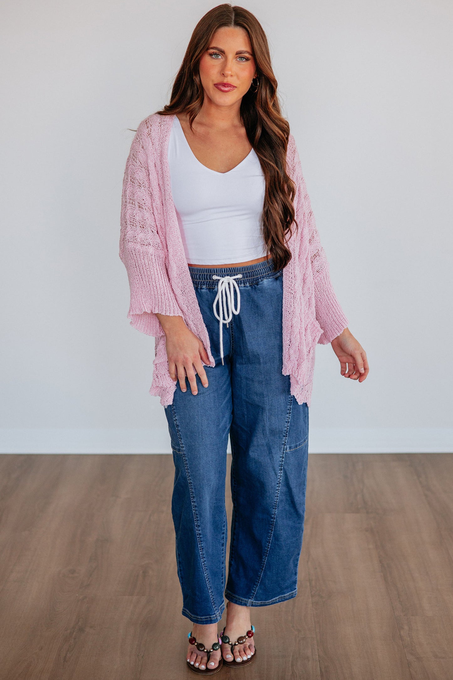 Old Rose Hollowed Pattern Knit Drop Shoulder Open Sweater Cardigan
