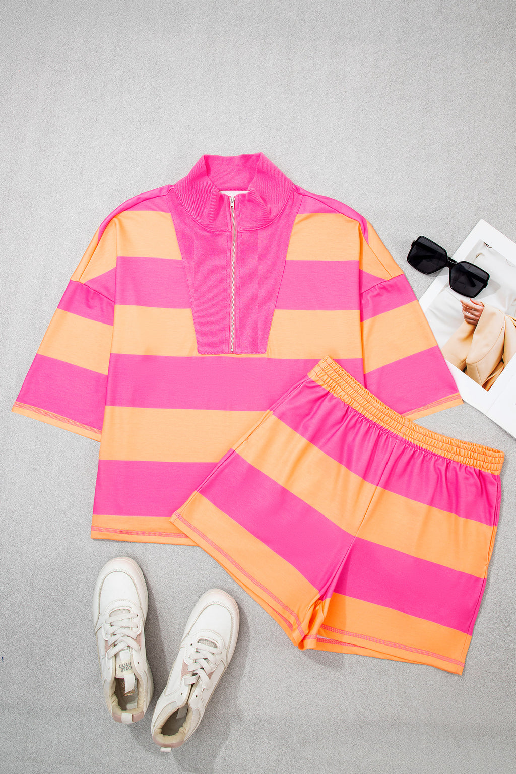 Pink Seam Detail Half Zip Tee Casual Shorts 2pcs Set