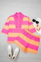 Pink Seam Detail Half Zip Tee Casual Shorts 2pcs Set
