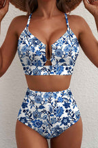 Blue Floral Print Hardware Accent Notched Neck High Waist Bikini Set