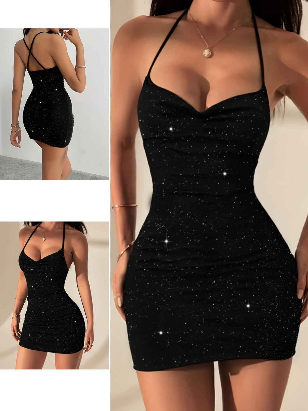 2025 Black Sequin Strappy Backless Bodycon Evening Gown
