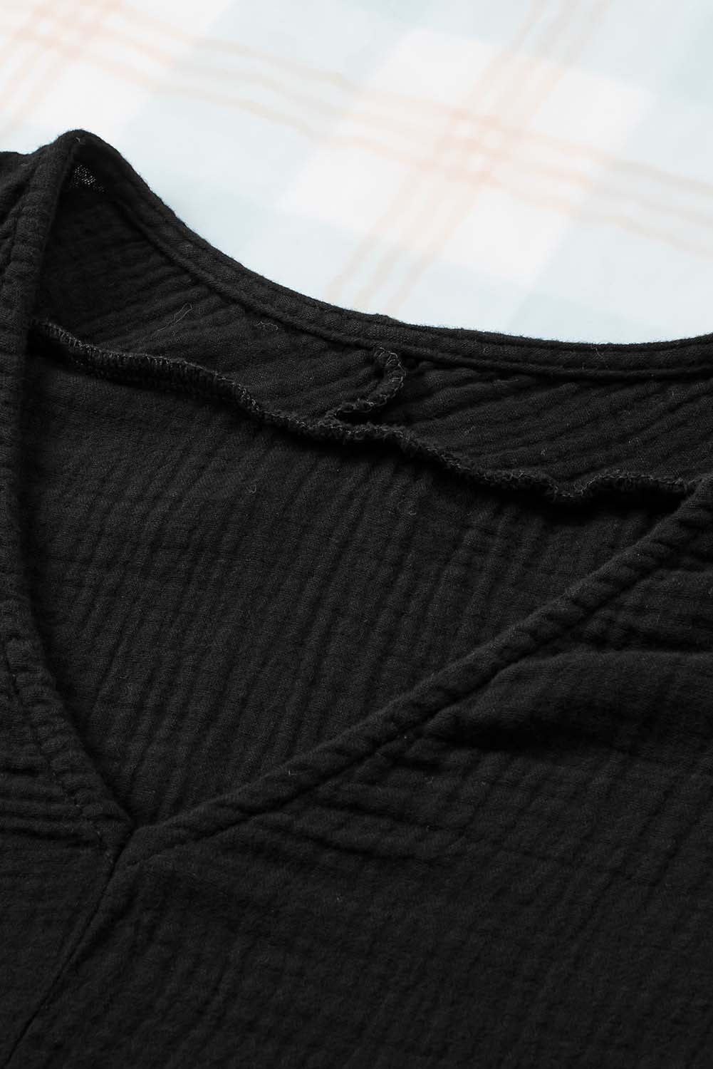 Black Frayed Batwing Sleeve Textured Cotton Blouse
