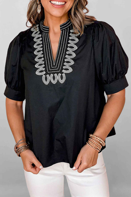 Black Short Puff Sleeve Contrast Embroidered Detail V Neck Blouse