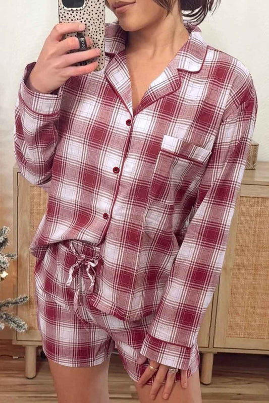 Red Retro Plaid Long Sleeve Shirt Drawstring Shorts 2pcs Lounge Set