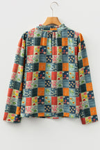 Sky Blue Checkered Floral Patchwork V Neck Blouse