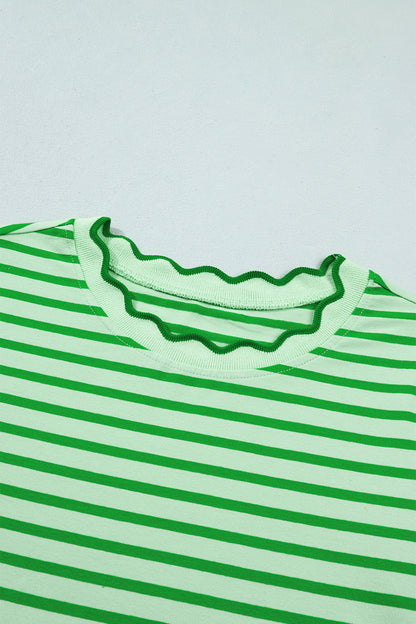 Red Stripe Scalloped Trim Round Neck T Shirt