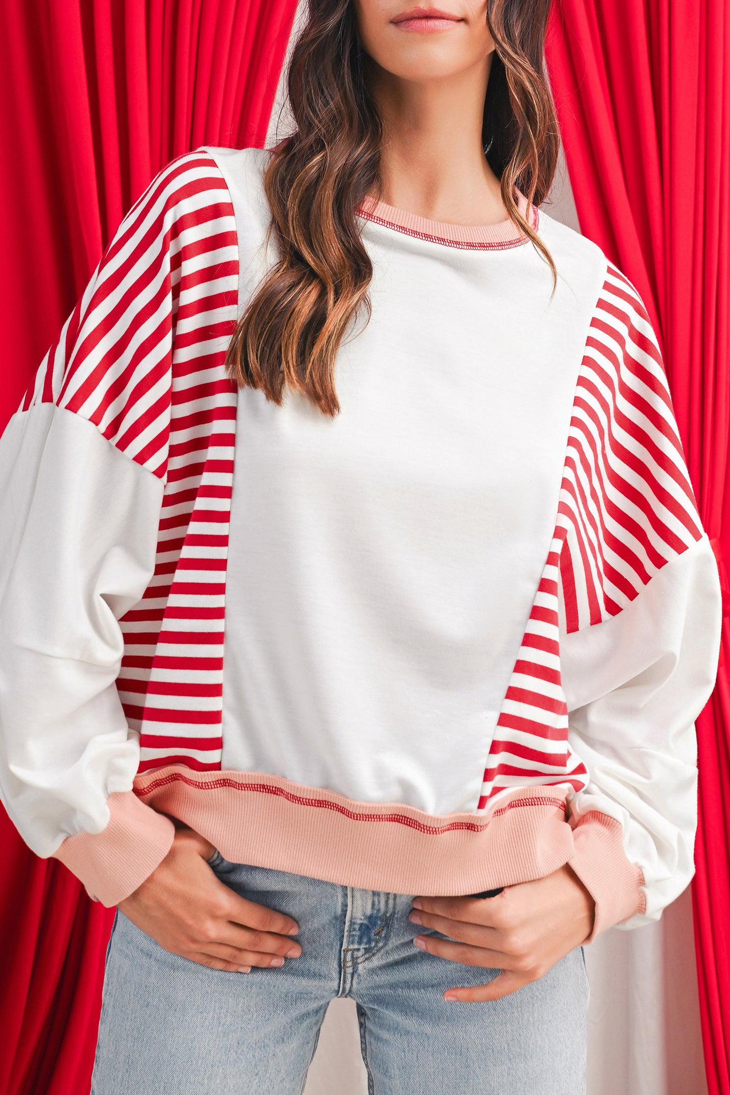 White Striped Colorblock Patchwork Oversized Sweatshirt