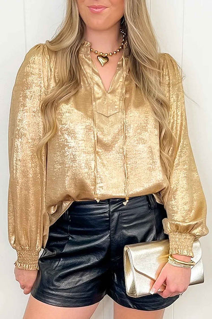 Gold Metallic Sheen V Neck Gathered Cuff Long Sleeve Blouse