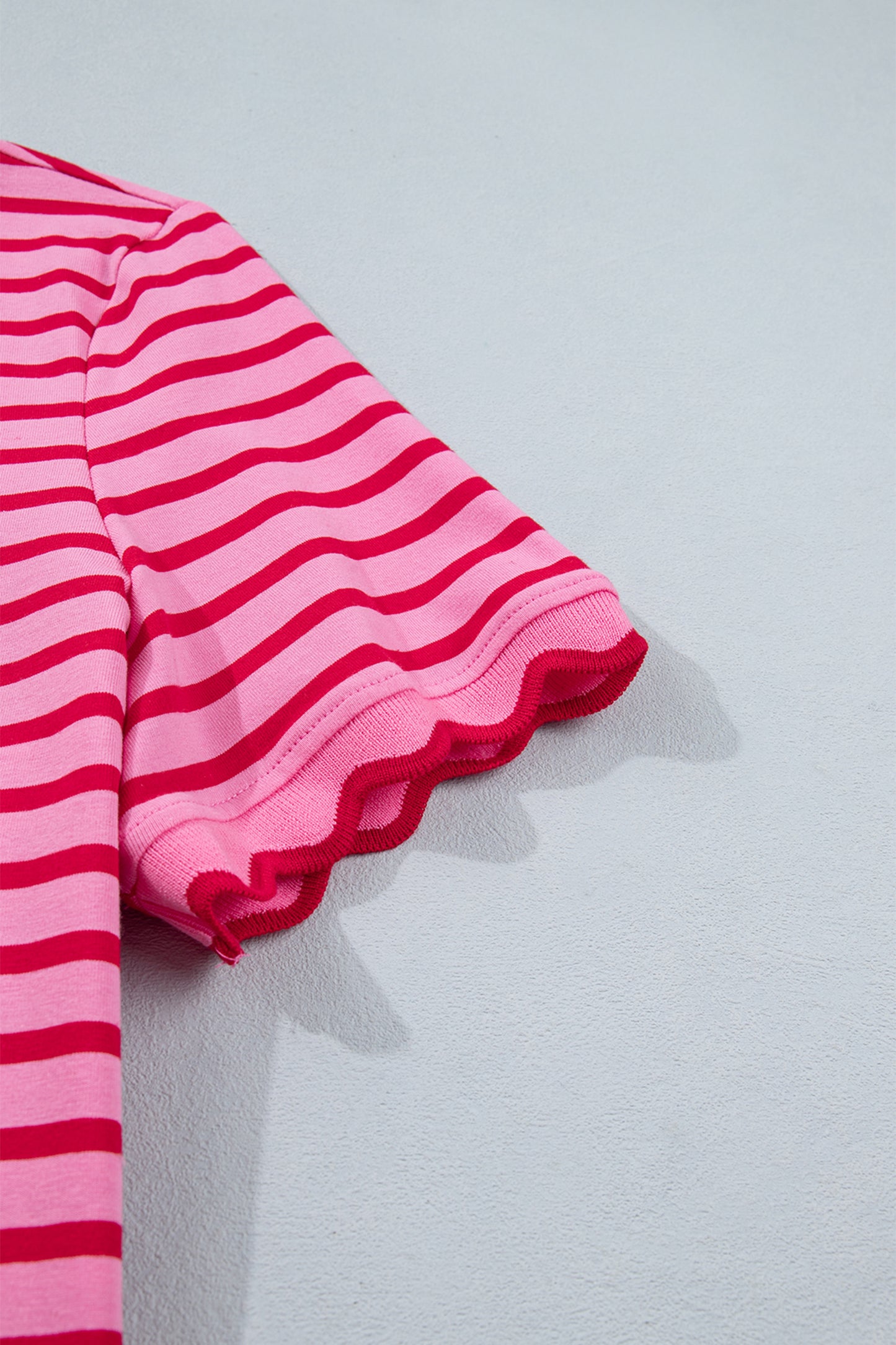 Red Stripe Scalloped Trim Round Neck T Shirt
