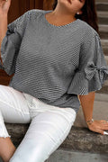 Black Plus Size Plaid Bow Decor Bell Sleeve Round Neck Jumper