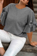 Black Plus Size Plaid Bow Decor Bell Sleeve Round Neck Jumper