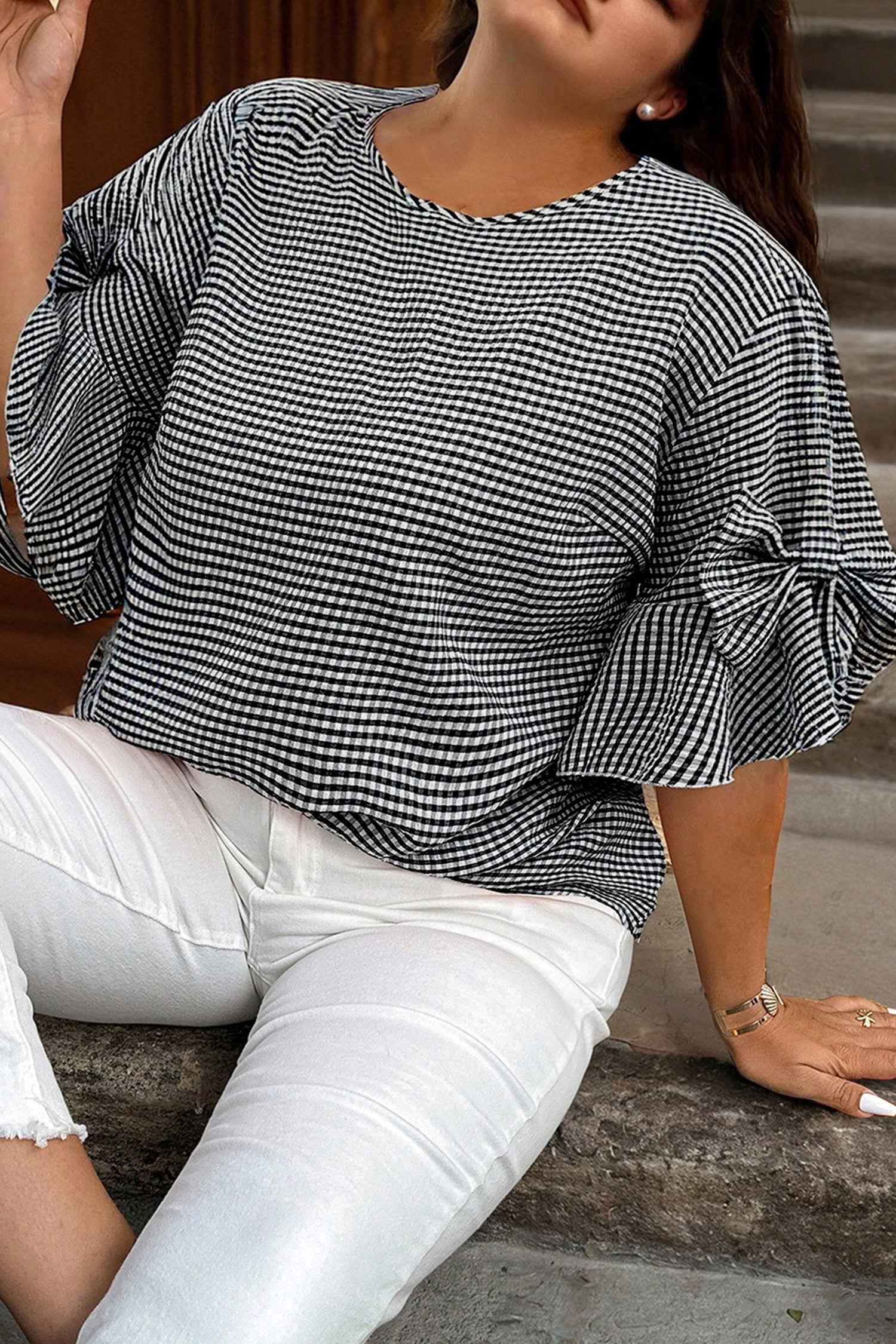 Black Plus Size Plaid Bow Decor Bell Sleeve Round Neck Jumper