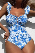 Blue Floral Ruffled Strap Lace Up Hollow Out One Piece Swimsuit