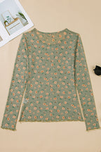 Sky Blue Floral Print Mesh Slim Fit Long Sleeve Top