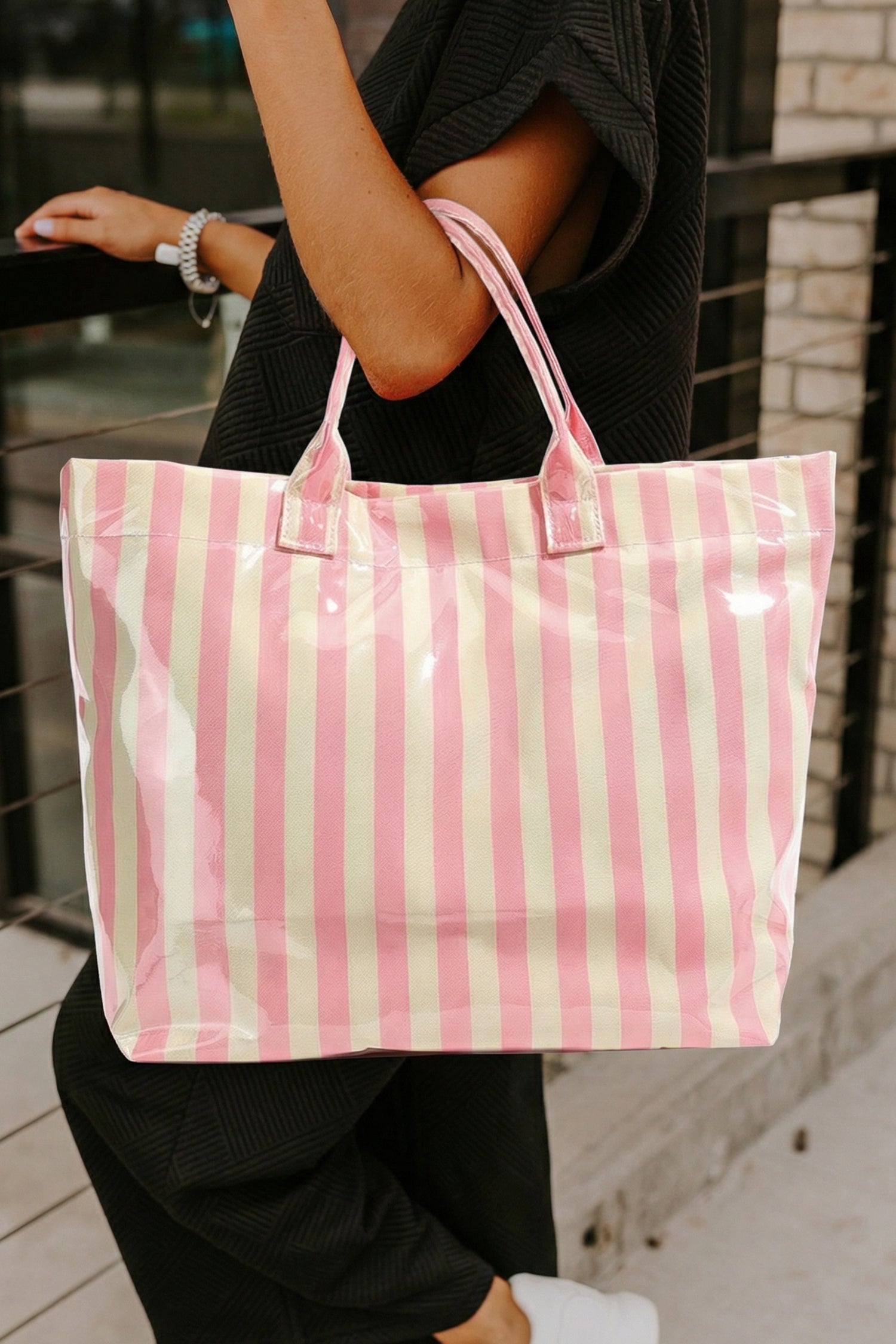 Color black Glossy Striped Vinyl Large Tote Bag