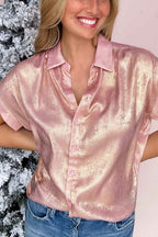Delicacy Metallic Buttoned Loose Fit Short Sleeve Shirt