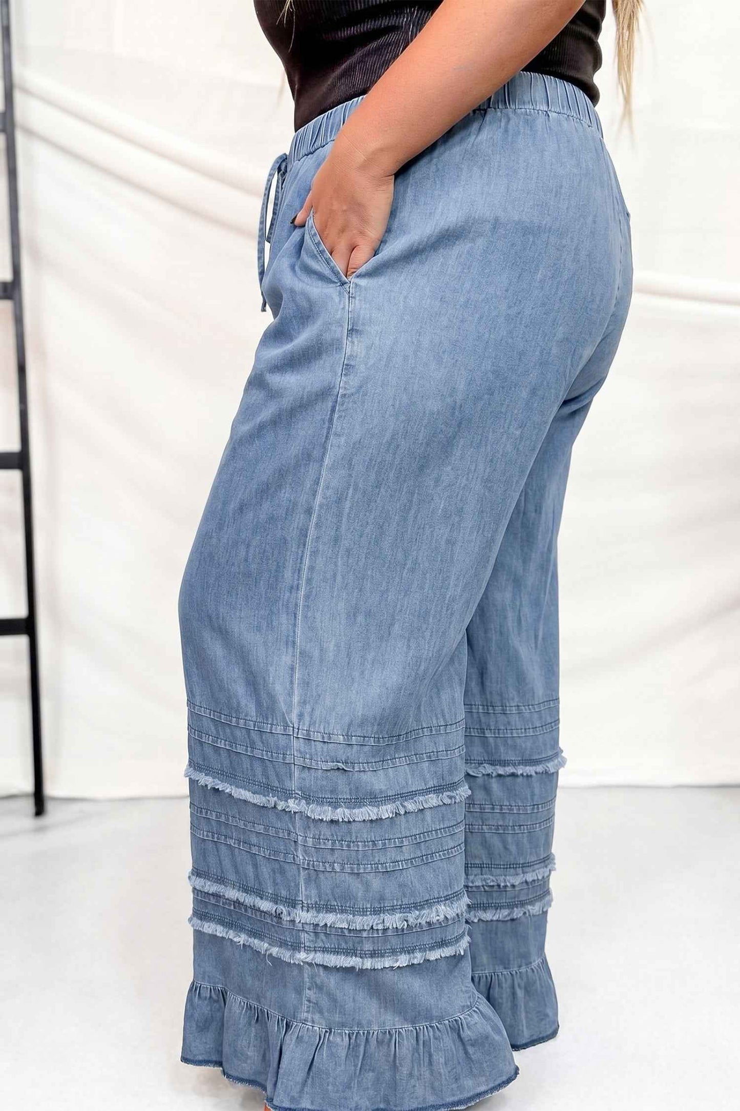 Dusk Blue Tiered Raw Edge Ruffled Plus Size Wide Leg Denim Pants