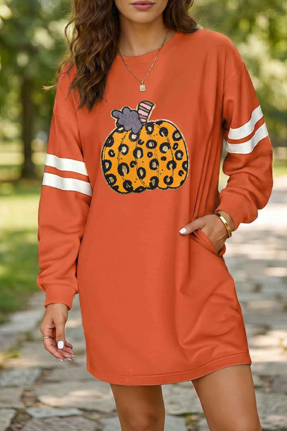 Orange Leopard Print Pumpkin Graphic Varsity Striped Long Sleeve Tunic Dress