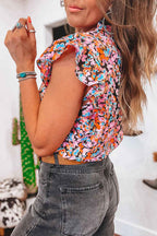 Orange Floral Print Shirred Stand Neck Flutter Shoulder Blouse