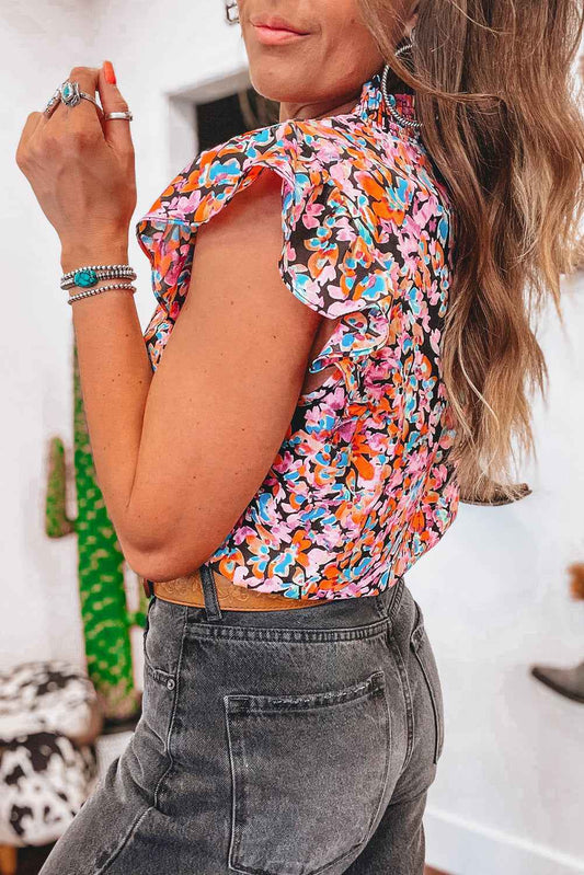 Orange Floral Print Shirred Stand Neck Flutter Shoulder Blouse