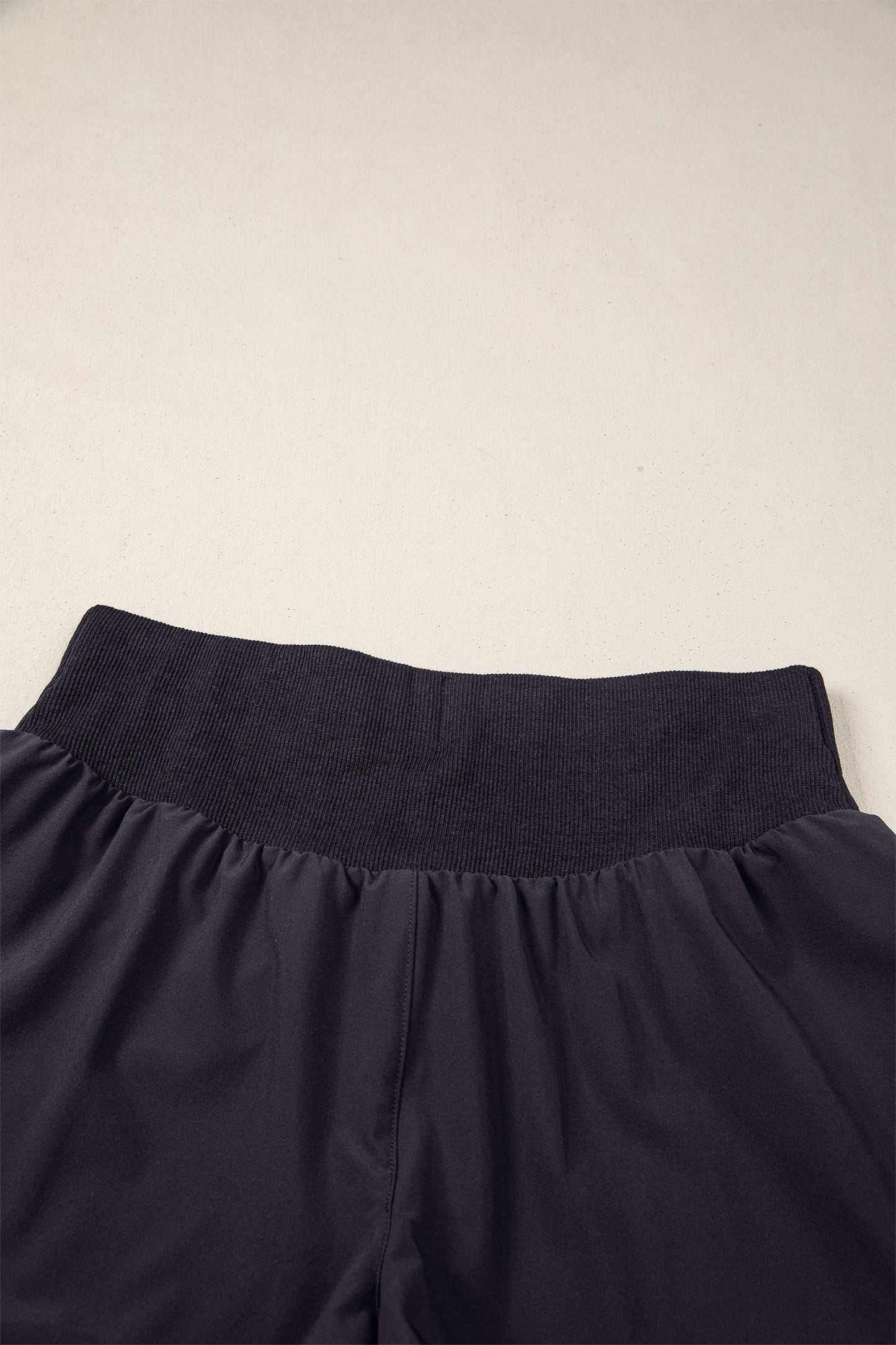 Black Solid Color Ribbed Patchwork High Waist Athletic Shorts