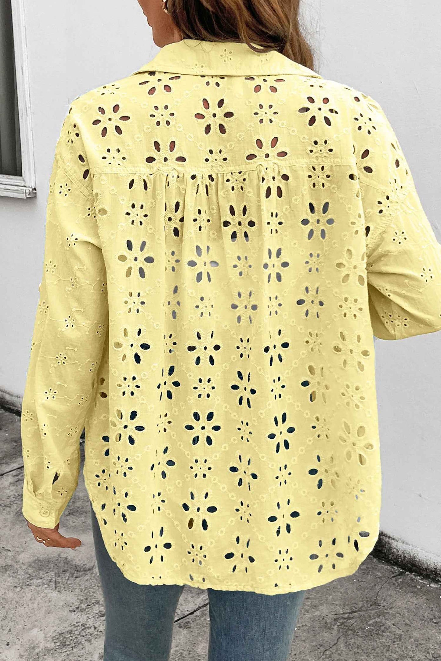 Yellow Cream Solid Eyelet Flower Pattern Button Down Loose Shirt