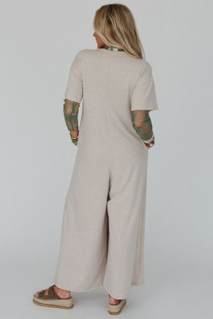 Beau Blue Half Placket Chest Pockets Short Sleeve Wide Leg Jumpsuit