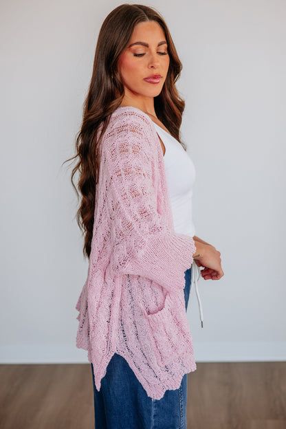 Old Rose Hollowed Pattern Knit Drop Shoulder Open Sweater Cardigan
