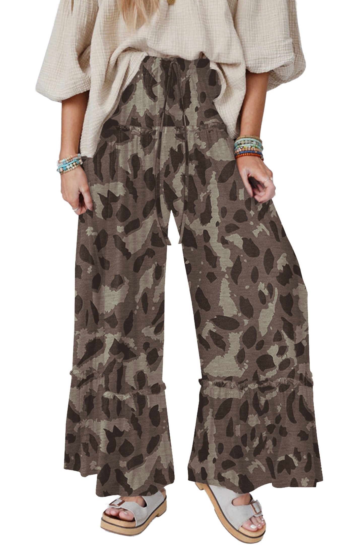 Multicolour Camo Print Wide Leg Casual Pants