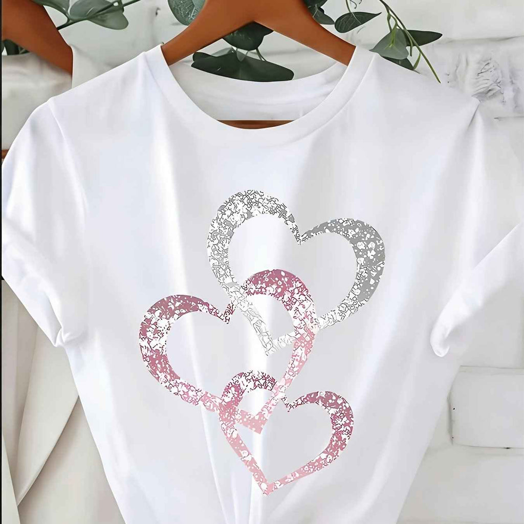Silvery Pink Heart Rhinestone Tee Casual SpringSummer Style