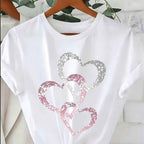 Silvery Pink Heart Rhinestone Tee Casual SpringSummer Style
