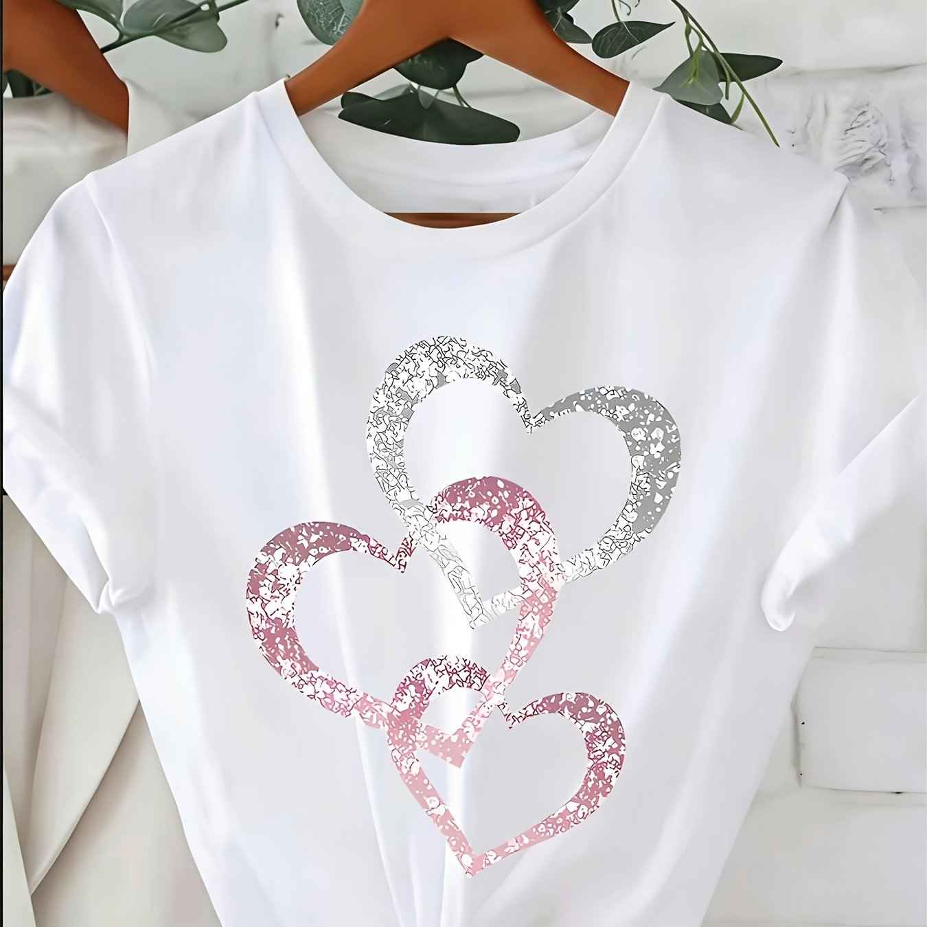 Silvery Pink Heart Rhinestone Tee Casual SpringSummer Style