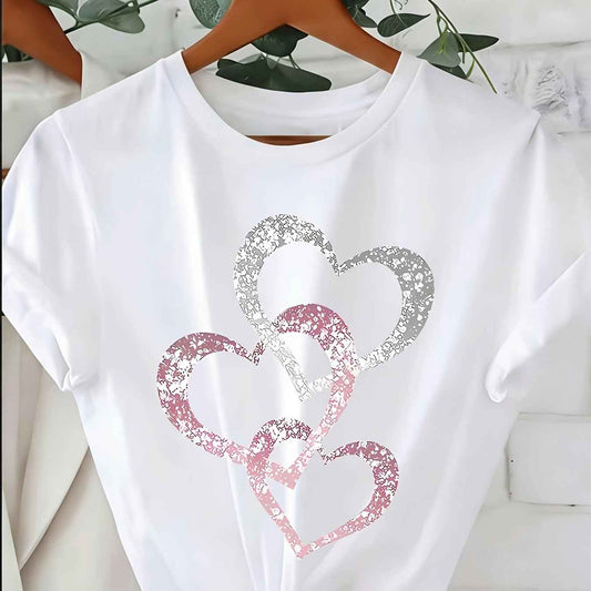 Silvery Pink Heart Rhinestone Tee Casual SpringSummer Style