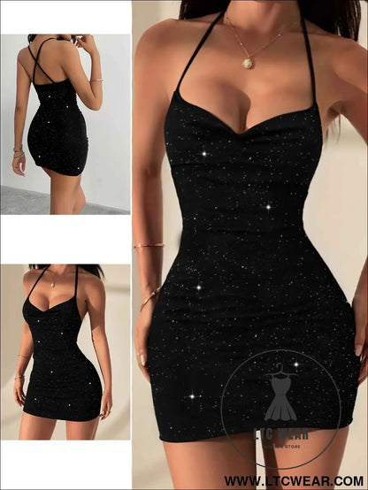 2025 Black Sequin Strappy Backless Bodycon Evening Gown