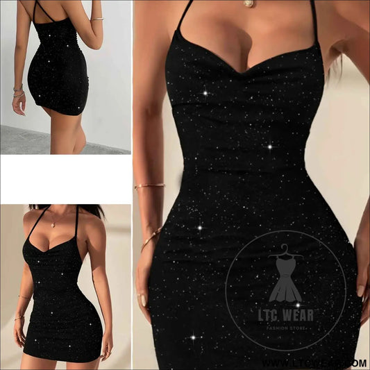 2025 Black Sequin Strappy Backless Bodycon Evening Gown