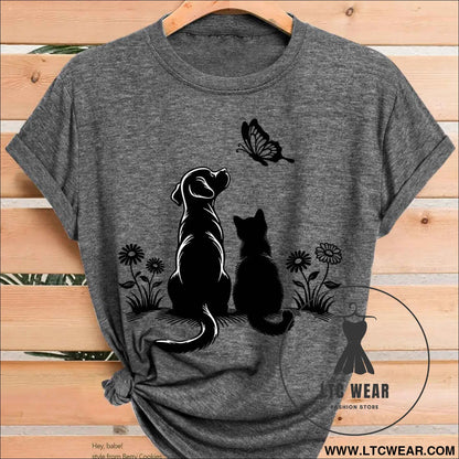 2026 Womens Chic Cat Dog Butterfly Print Summer Tee